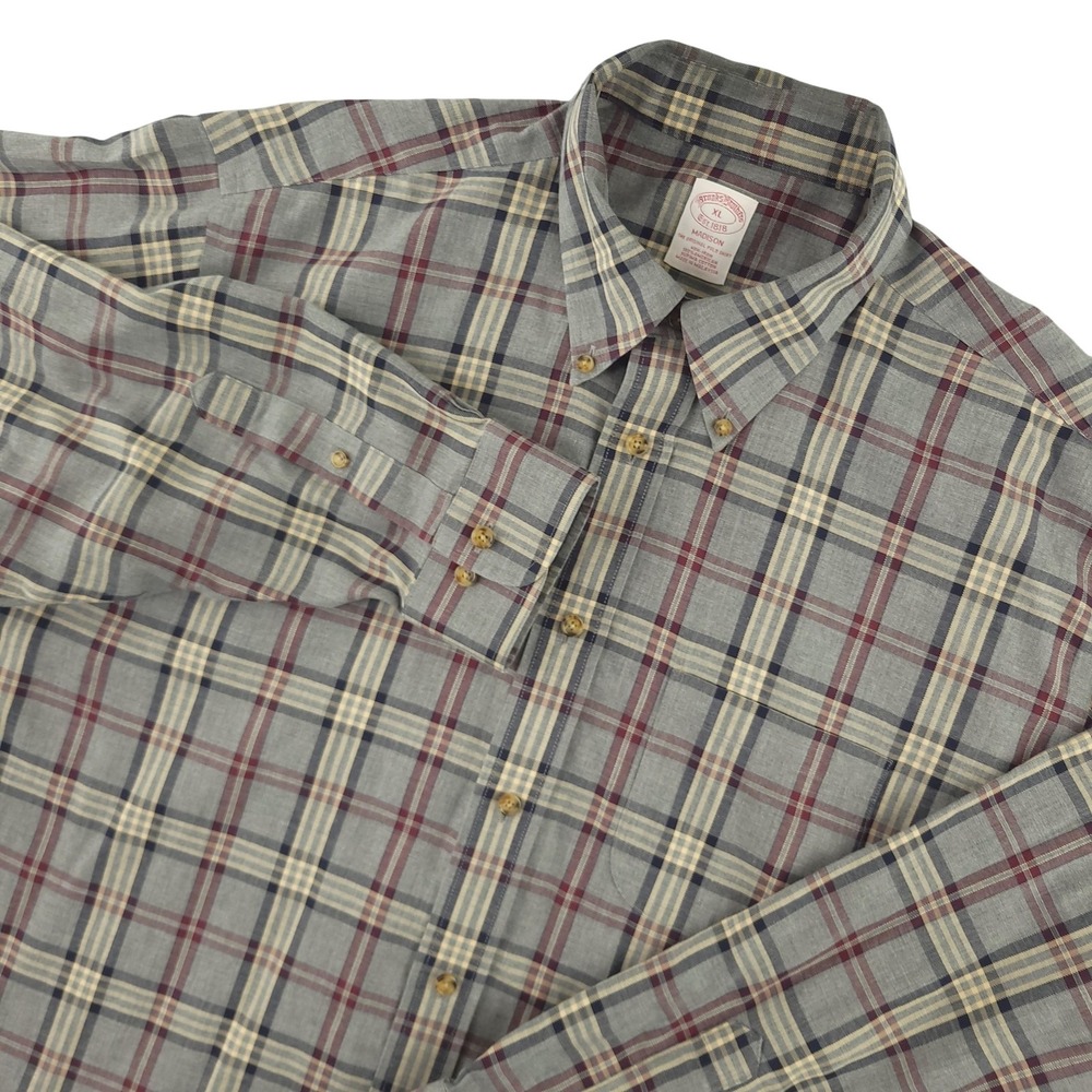 Brooks Brothers Shirt Mens XL Gray Plaid Long Sleeve Button Down Non Iron Casual